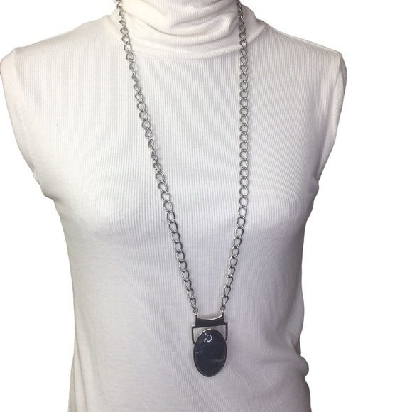 Lia Sophia Navy Blue Large Cabochon Pendant Necklace in Silver New with Tags 39" - Picture 1 of 5